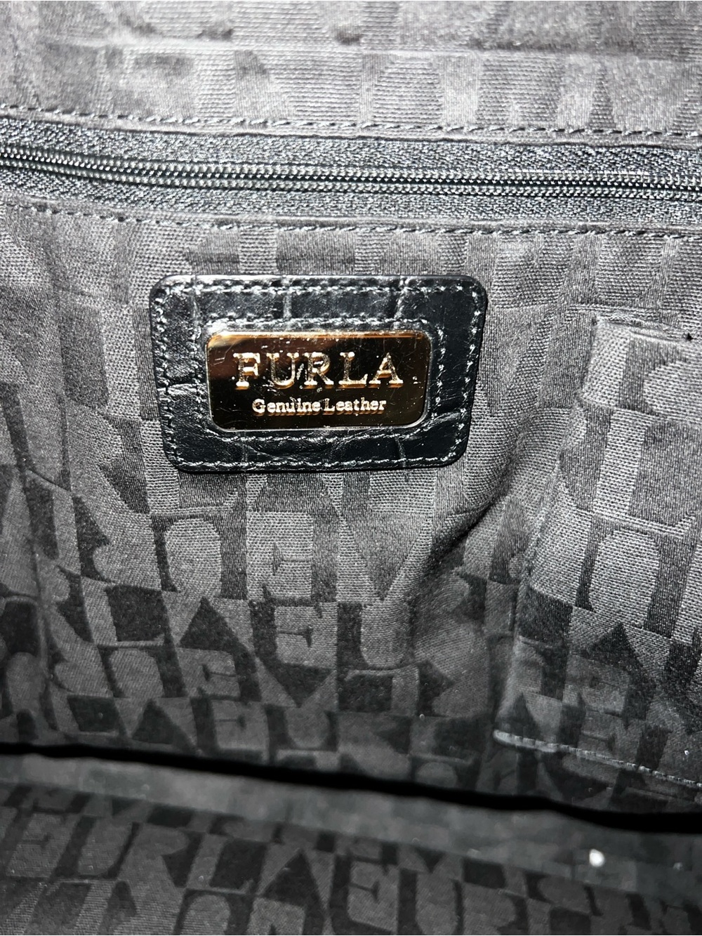 Furla Black Suede Croc Embossed Leather Shoulder Satchel Bag - Picture 9 of 14